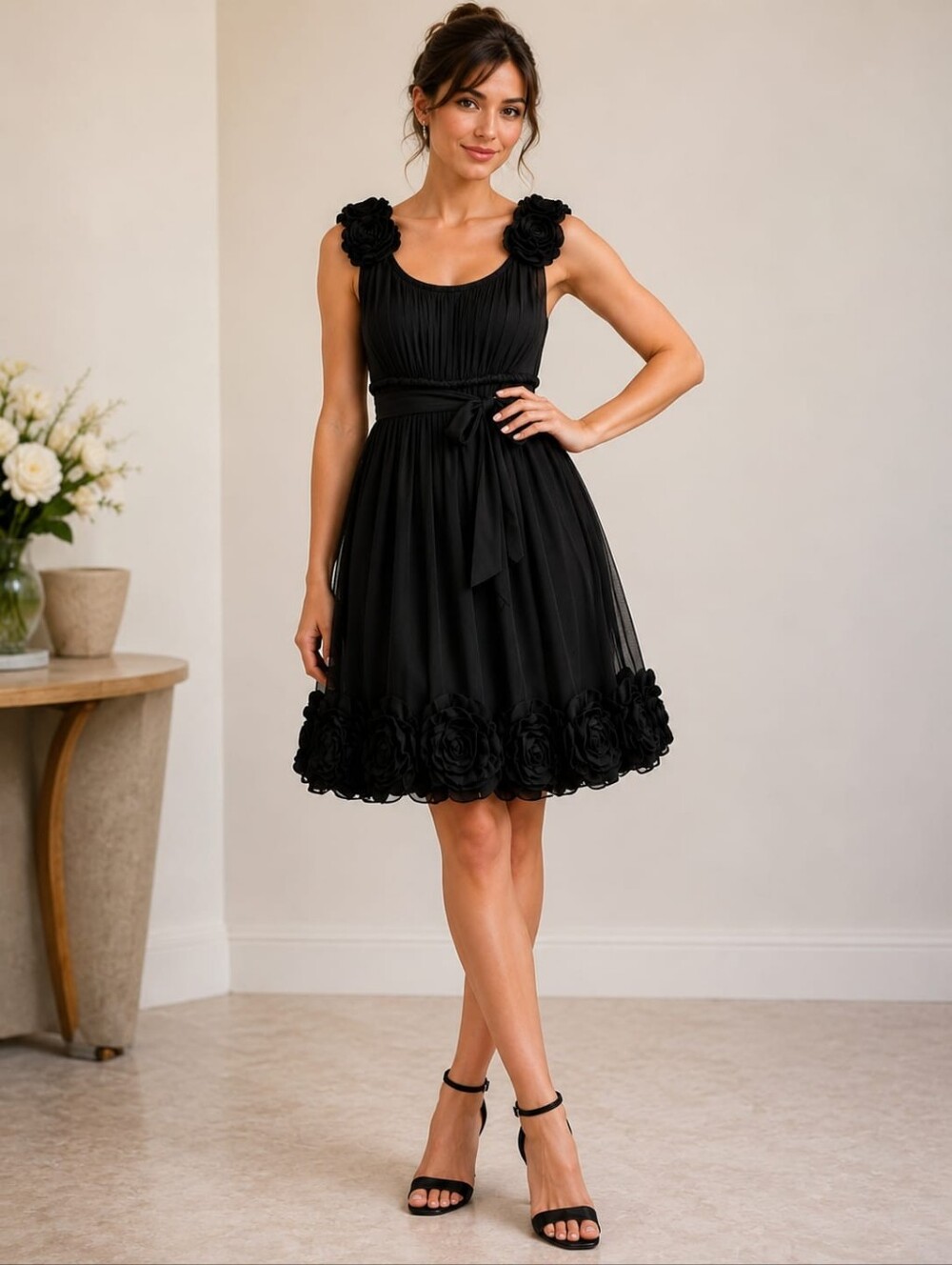 Yoana Baraschi Black Floral Rosette Cocktail Dress
